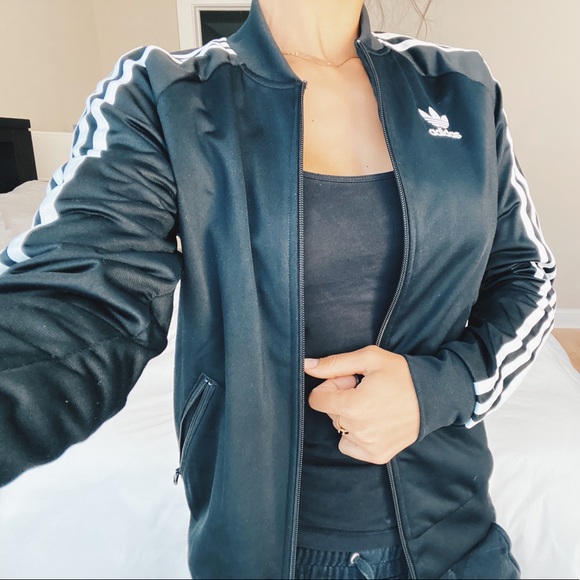 adidas originals faux fur jacket with back trefoil logo in black